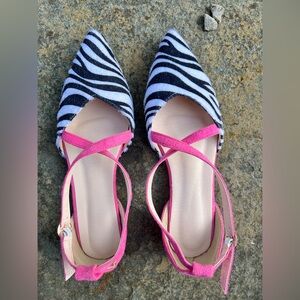 Zebra Print Pointed Toe Flats with Pink Straps